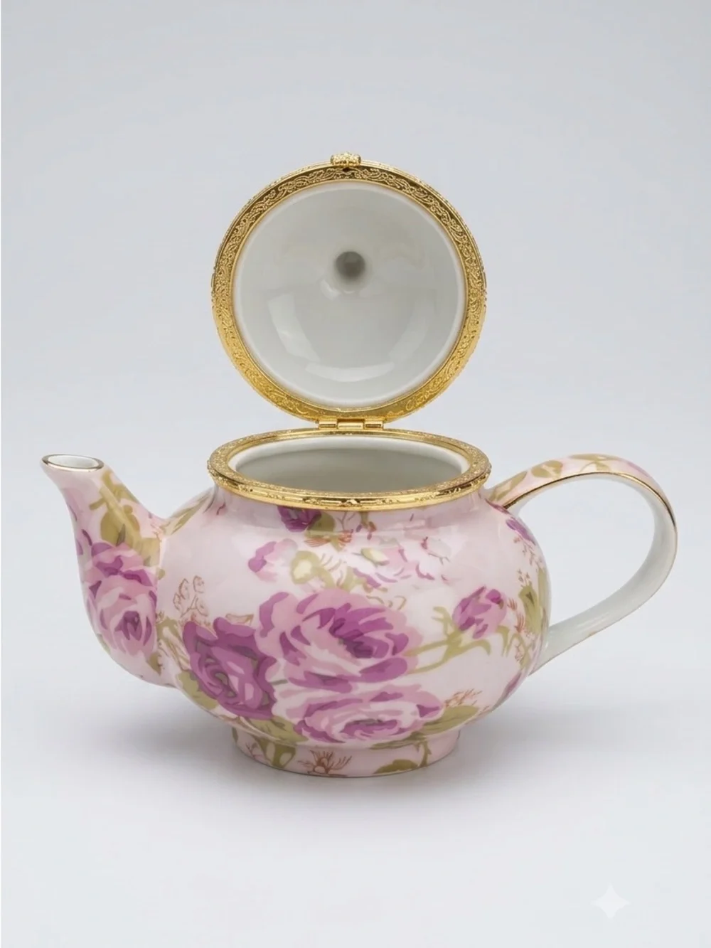 BAUM Asian Rose Collection Hinged Lid Porcelain Teapot Trinket Box Pink Floral